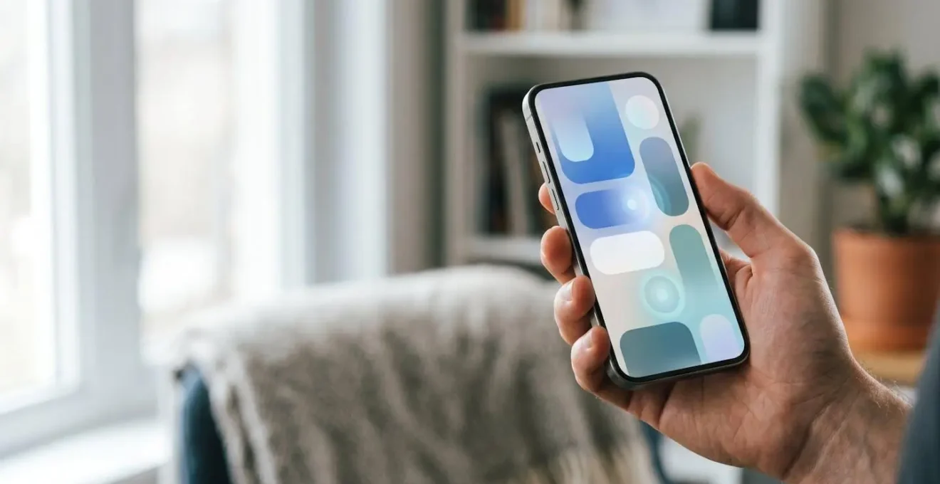Smartphone moderne affichant une interface d'application d'assurance avec une main interagissant naturellement