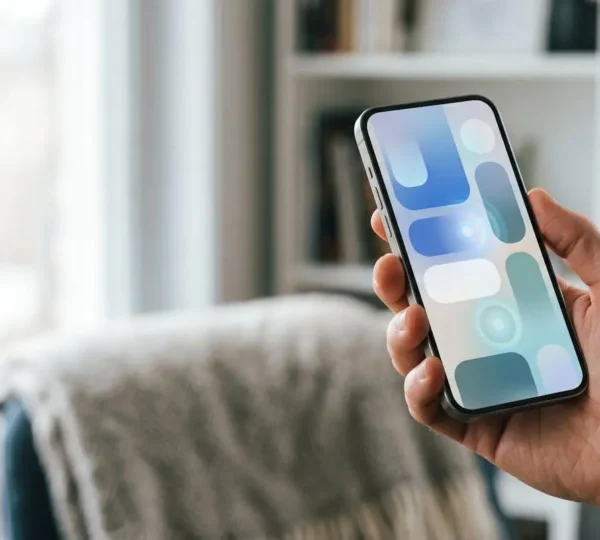 Smartphone moderne affichant une interface d'application d'assurance avec une main interagissant naturellement