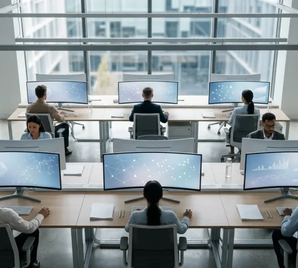 Réseau interconnecté de systèmes informatiques dans le secteur des assurances illustrant l'interopérabilité