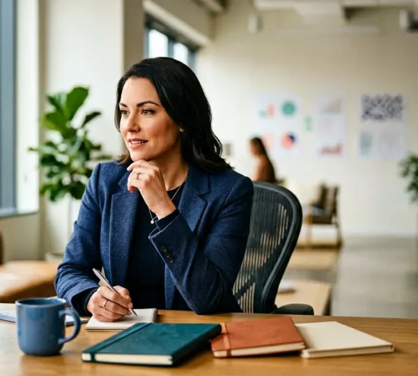 Professionnel de l'assurance analysant des données de satisfaction client sur un espace de travail moderne