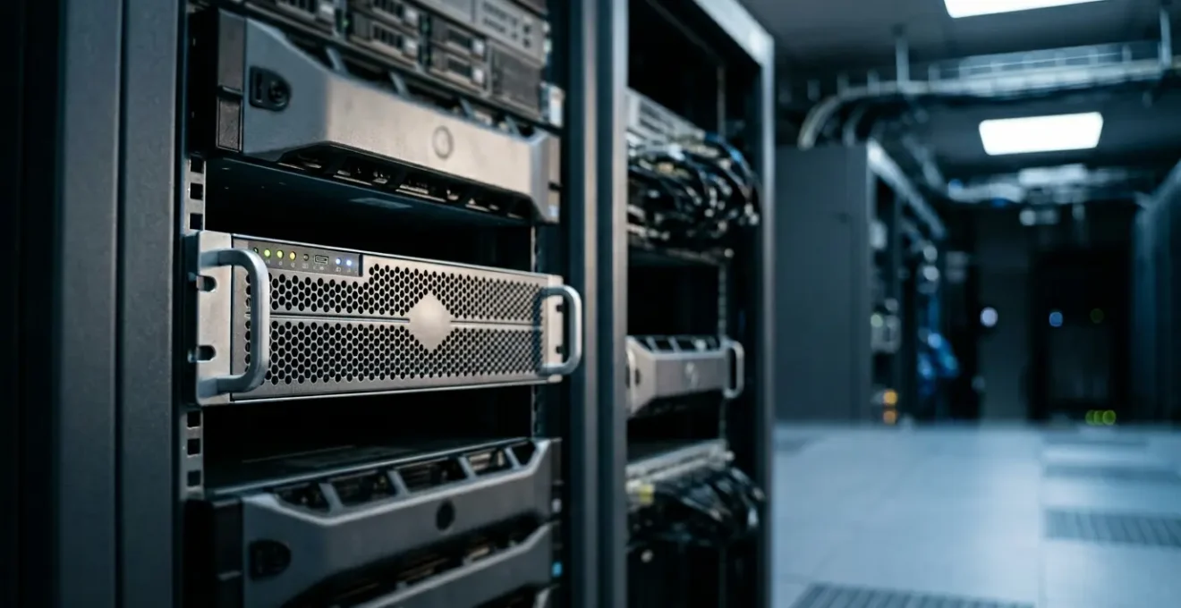 Serveur informatique moderne dans environnement technologique sécurisé illustrant la traçabilité des données