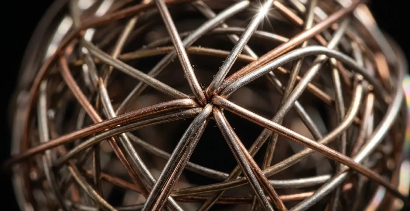 Représentation visuelle des interactions complexes entre de multiples variables de risque, symbolisées par un réseau de fils métalliques interconnectés.