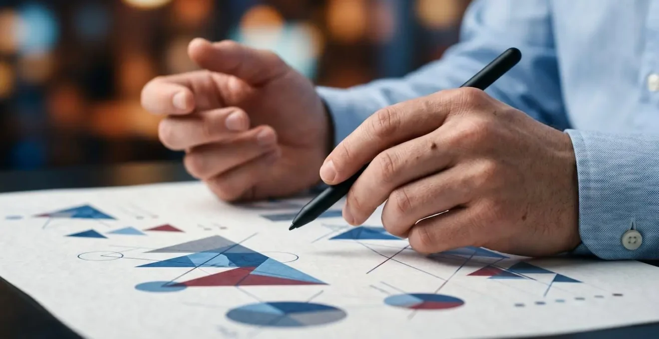 Gros plan sur des mains d'expert analysant des patterns de données complexes sur un environnement de travail épuré