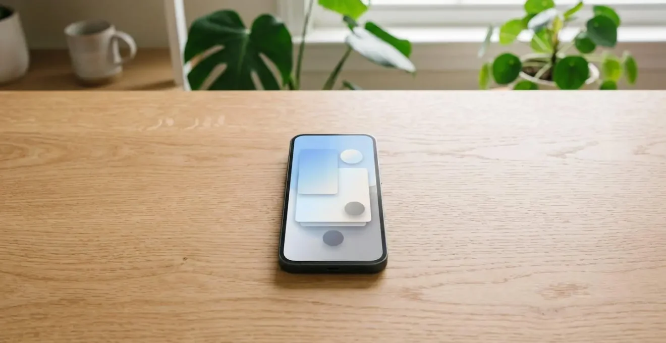Écran de smartphone montrant une interface simplifiée avec des couches d'information progressives