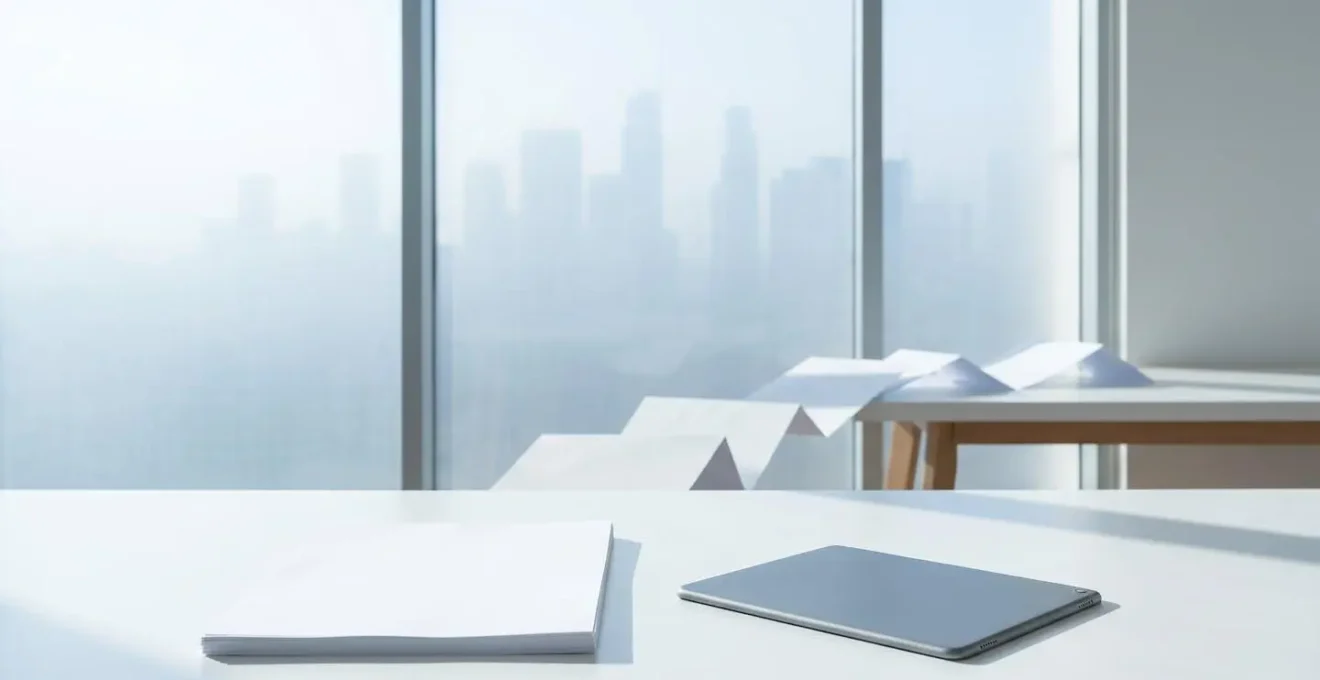 Vue grand angle d'un environnement technologique minimaliste où s'opère la transformation documentaire numérique
