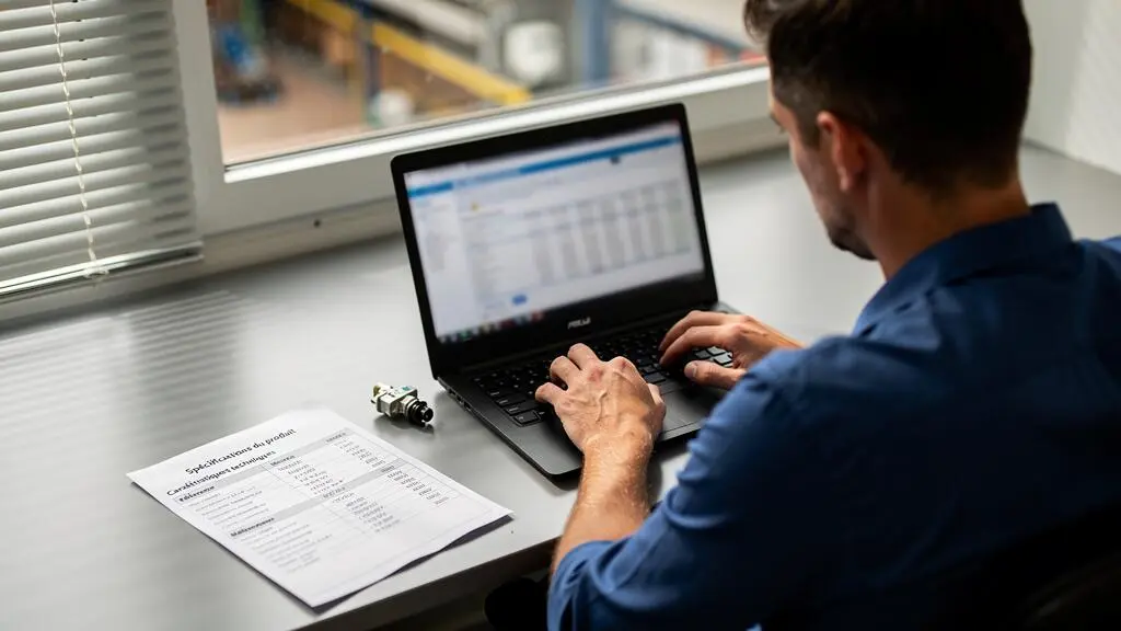 Un analyste saisit des informations produits sur un ordinateur portable à partir d'une fiche technique imprimée dans un bureau d'usine.