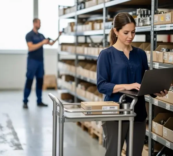 Une responsable des données produits vérifie des références sur un ordinateur portable devant des rayonnages de composants industriels.