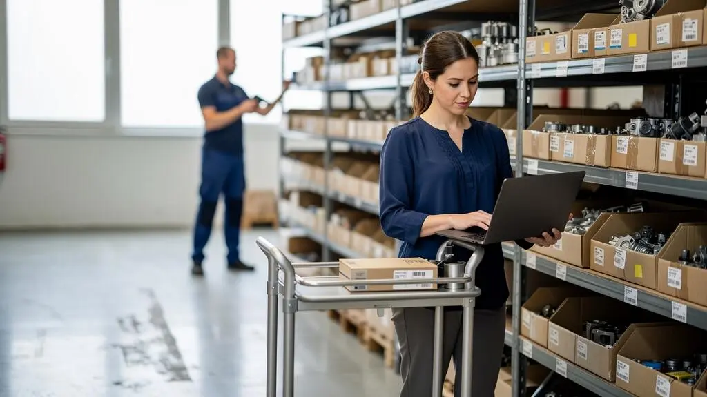 Une responsable des données produits vérifie des références sur un ordinateur portable devant des rayonnages de composants industriels.